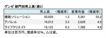 グンゼ、2018年3月期 部門別売上高（表2）