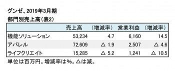 グンゼ、2019年3月期 部門別売上高（表2）