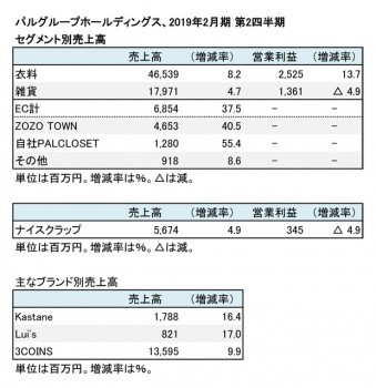 2019年2月期 第2四半期 セグメント別売上高（表2）