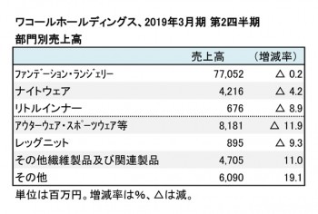2019年3月期 第2四半期 部門別売上高（表2）