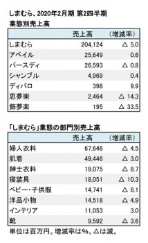 2020年2月期 第2四半期 部門別売上高（表2）