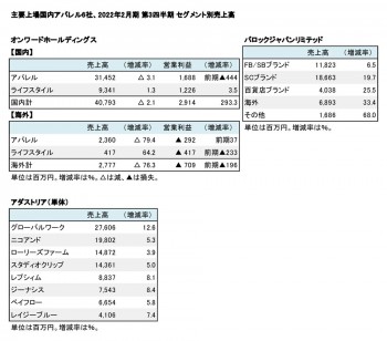 主要上場国内アパレル6社、2022年2月期 第3四半期 セグメント別売上高（表2）