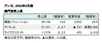 2022年3月期 部門別売上高（表2）