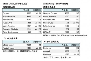 adidas Group, 2018年度・2015年度 地域別・セグメント別売上高（表2）
