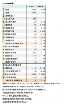 PUMA、2015年12月期 財務数値一覧（表2）