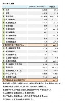 Under Armour、2016年12月期 財務数値一覧（表2）