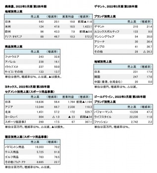 主要上場スポーツ企業5社、2022年3月期 第2四半期 地域別・セグメント別売上高（表2）