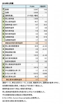 PUMA、2016年12月期 財務数値一覧（表2）