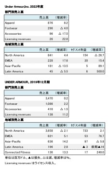 UNDER ARMOUR、2022年度・2019年度 セグメント別売上収益（表2）