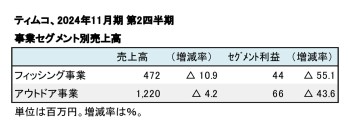 ティムコ、2024年11月期 第2四半期 事業セグメント別売上高（表2）