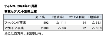 ティムコ、2024年11月期 事業セグメント別売上高（表2）
