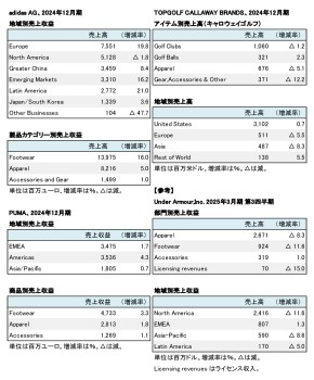 外資系スポーツ上場企業3社＋1、 2024年12月期決算まとめ セグメント別売上高（表2）