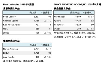 米国上場スポーツ系小売店、 2025年1月期 セグメント別売上収益（表2）